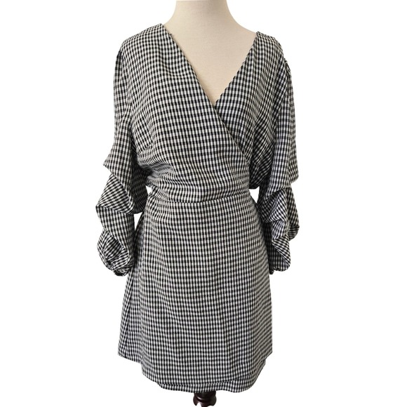 Highline Collective Dresses & Skirts - Highline Collective Womens XL Gingham Wrap Mini Dress Ruffle Sleeve Black Alt